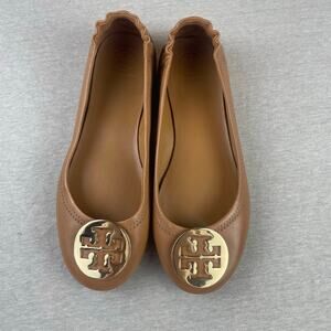 Tory Burch Minnie Travel Ballet Flats Royal Tan Gold 7.5